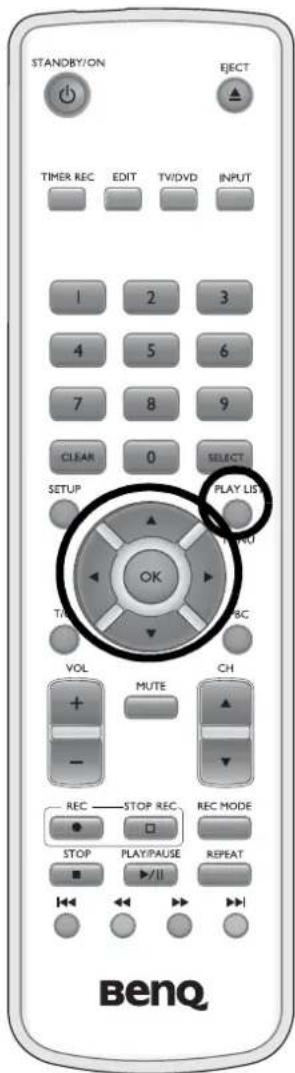 STANDBY/ON EJECT TIMER REC EDIT TV/DVD INPUT 1 2 3 4 5 6 7 8 9 CLEAR 0 SELECT SETUP PLAY LIST OK TURNO VOL MUTE CH - REC STOP REC REC MODE STOP PLAY/PAUSE REPEAT BENQ