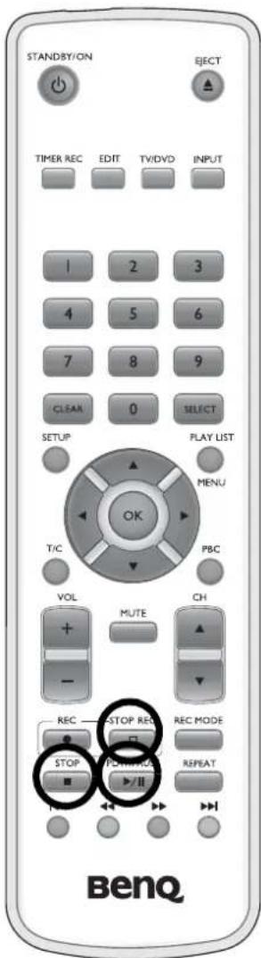 STANDBY/ON EJECT TIMER REC EDIT TV/DVD INPUT 1 2 3 4 5 6 7 8 9 CLEAR 0 SELECT SETUP PLAY LIST T/C MENU OK PBC VOL MUTE CH - REC STOP REC REC MODE STOP CONTROL REPEAT BenQ