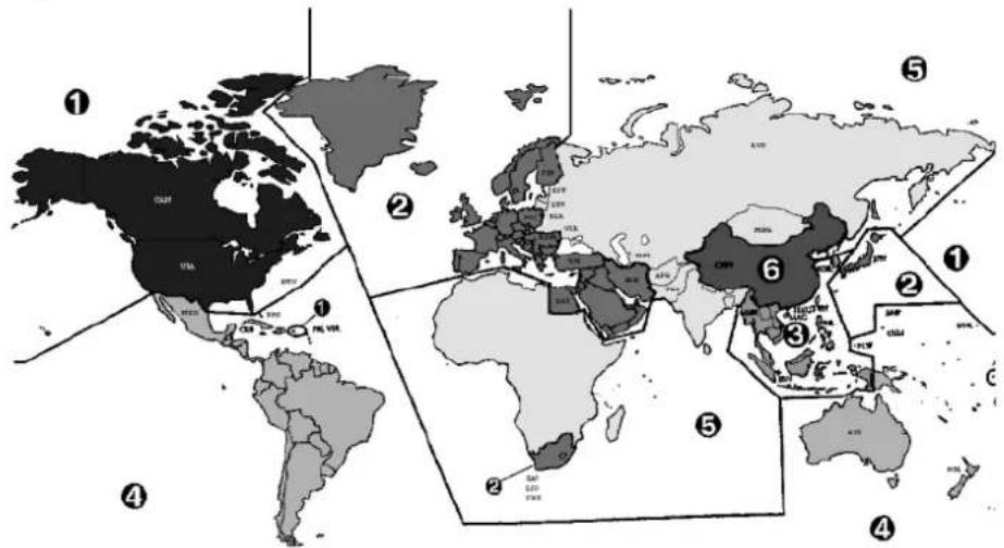World map with numbered regions and country labels, highlighting Asia-Pacific and North America with highlighted areas.