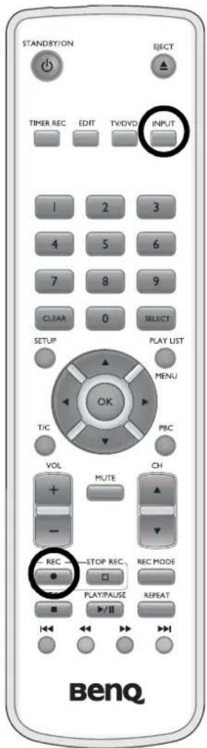 STANDBY/ON EJECT TIMER REC EDIT TV/DVD INPUT 1 2 3 4 5 6 7 8 9 CLEAR 0 SELECT SETUP PLAY LIST T/C MENU OK PBC VOL MUTE CH REC STOP REC. REC MODE PLAY/PAUSE REPEAT BenQ