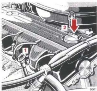 Technical diagram of a car engine showing labeled components and a red arrow indicating a switch or lock mechanism.