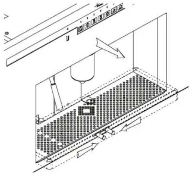 Technical diagram of a mechanical assembly with labeled components and directional arrows indicating motion or assembly.