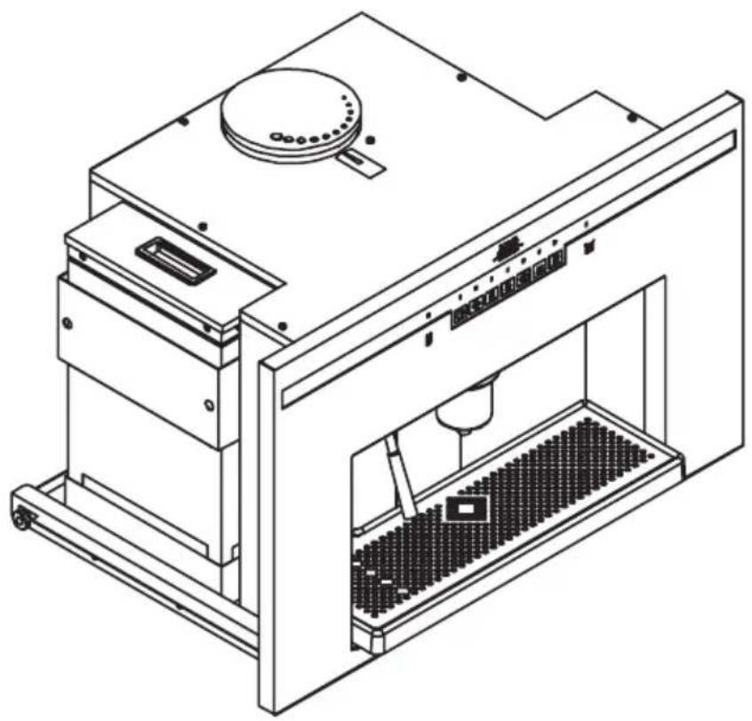 Technical line drawing of a mechanical device with internal components and mounting base (no text or symbols)
