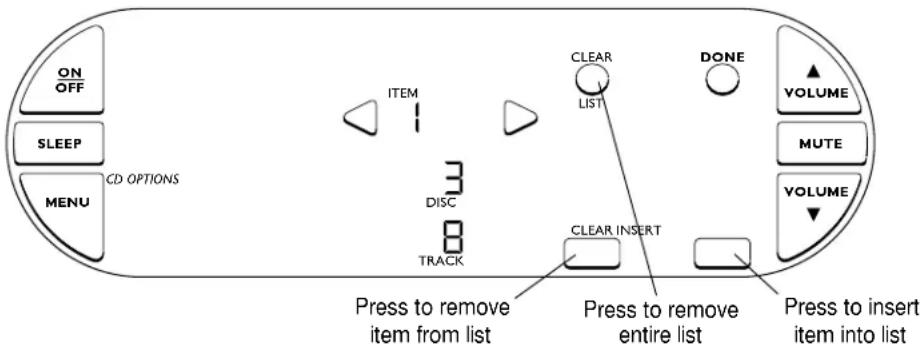 ON OFF SLEEP MENU CD OPTIONS ITEM DISC TRACK CLEAR LIST DONE VOLUME MUTE VOLUME CLEAR INSERT Press to remove item from list Press to remove entire list Press to insert item into list
