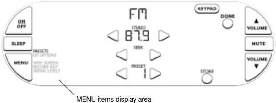 ON OFF SLEEP PRESSETS CO OPTIONS WIRE SCREEN RECORD OUT EONE LEVEL MENU FM STEREO 87.9 SEEK Preset STORE KEYPAD DONE VOLUME ▲ MUTE VOLUME ▼ MENU items display area