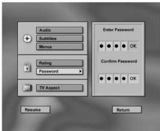 Audio Subtitles Menus Rating Password TV Aspect Resume Enter Password OK Confirm Password OK Return