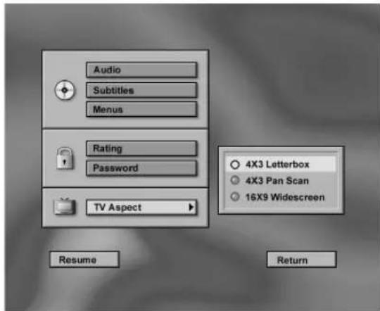 Audio Subtitles Menus Rating Password TV Aspect Resume Return 4X3 Letterbox 4X3 Pan Scan 16X9 Widescreen