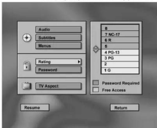 Audio Subtitles Menus Rating Password TV Aspect Resume 8 7 NC-17 6 R 5 4 PG-13 3 PG 2 1 G Password Required Free Access Return
