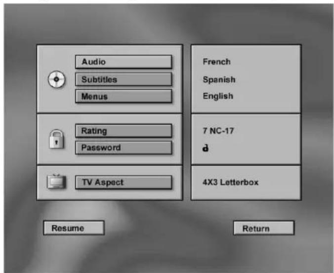 Audio Subtitles Menus Rating Password TV Aspect French Spanish English 7 NC-17 4X3 Letterbox Resume Return