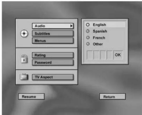 Audio Subtitles Menus Rating Password TV Aspect Resume English Spanish French Other OK Return