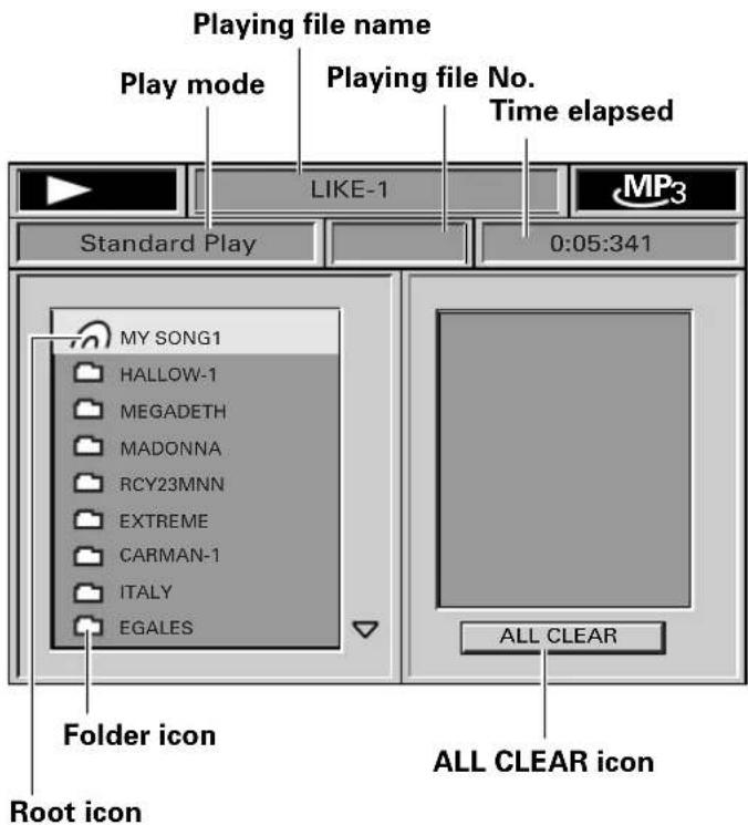 Playing file name Play mode Playing file No. Time elapsed LIKE-1 Standard Play 0:05:341 MP3 MY SONG1 HALLOW-1 MEGADETH MADONNA RCY23MNN EXTREME CARMAN-1 ITALY EGALES ALL CLEAR Folder icon ALL CLEAR icon Root icon