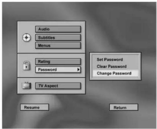 Audio Subtitles Menus Rating Password TV Aspect Set Password Clear Password Change Password Resume Return