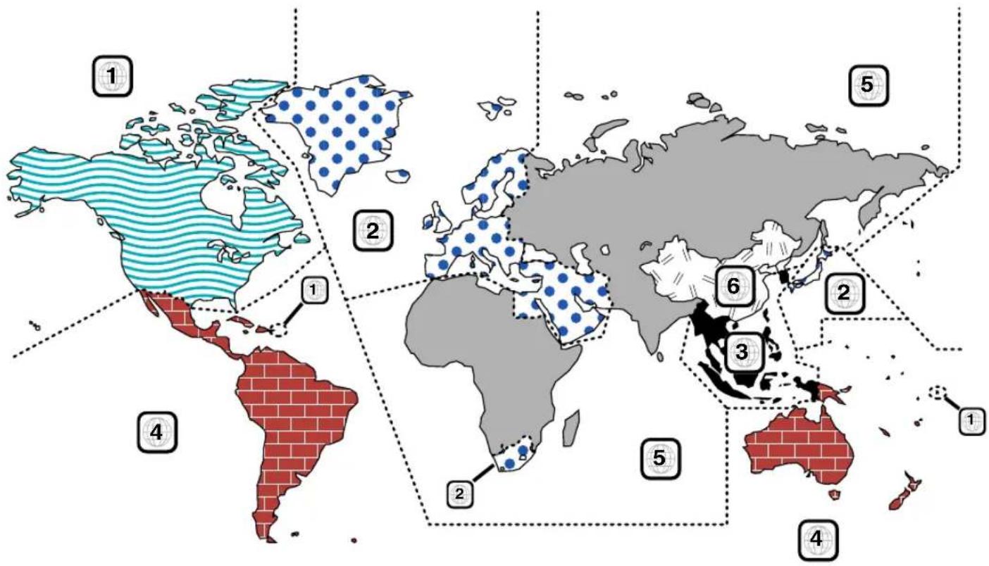 World map with numbered regions and colored dot patterns, highlighting key countries like the United States, Canada, and Australia.