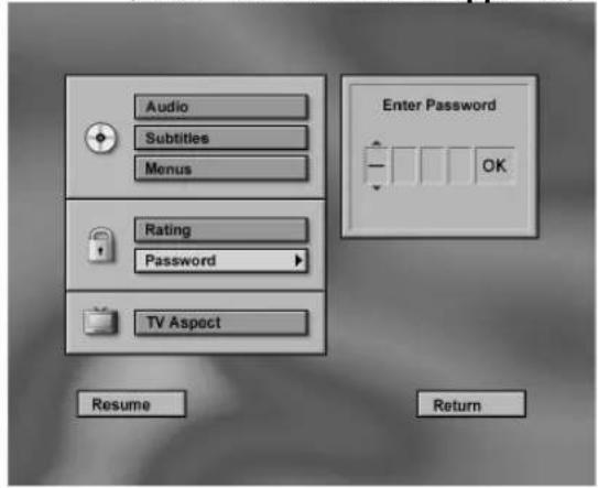 Audio Subtitles Menus Rating Password TV Aspect Enter Password - OK Resume Return