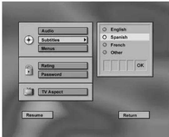 Audio Subtitles Menus Rating Password TV Aspect Resume English Spanish French Other OK Return