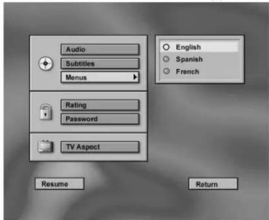 Audio Subtitles Menus Rating Password TV Aspect Resume English Spanish French Return