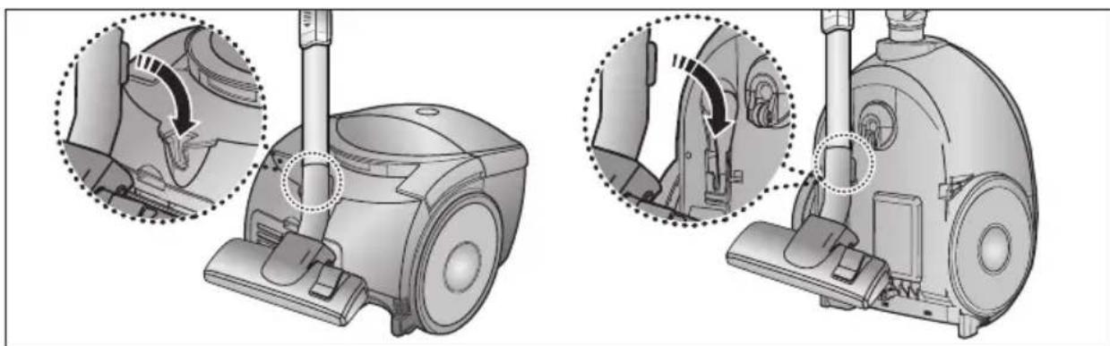 Technical illustration of a vacuum cleaner with close-up views showing internal components (no text or symbols).