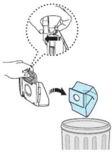 Diagram showing a hand using a tool to remove a trash bin, with an inset image of the tool being inserted.