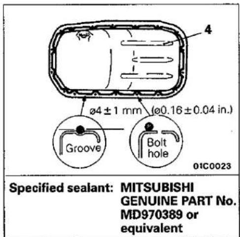 4 ø4 ± 1 mm (ø0.16 ± 0.04 in.) Groove Bolt hole 01C0023 Specified sealant: MITSUBISHI GENUINE PART No. MD970389 or equivalent