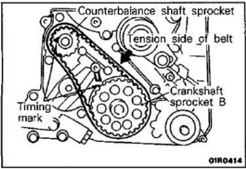 Counterbalance shaft sprocket Tension side of belt Crankshaft sprocket B Timing mark 01R0414