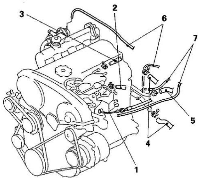 Technical diagram of an engine assembly with numbered components for identification