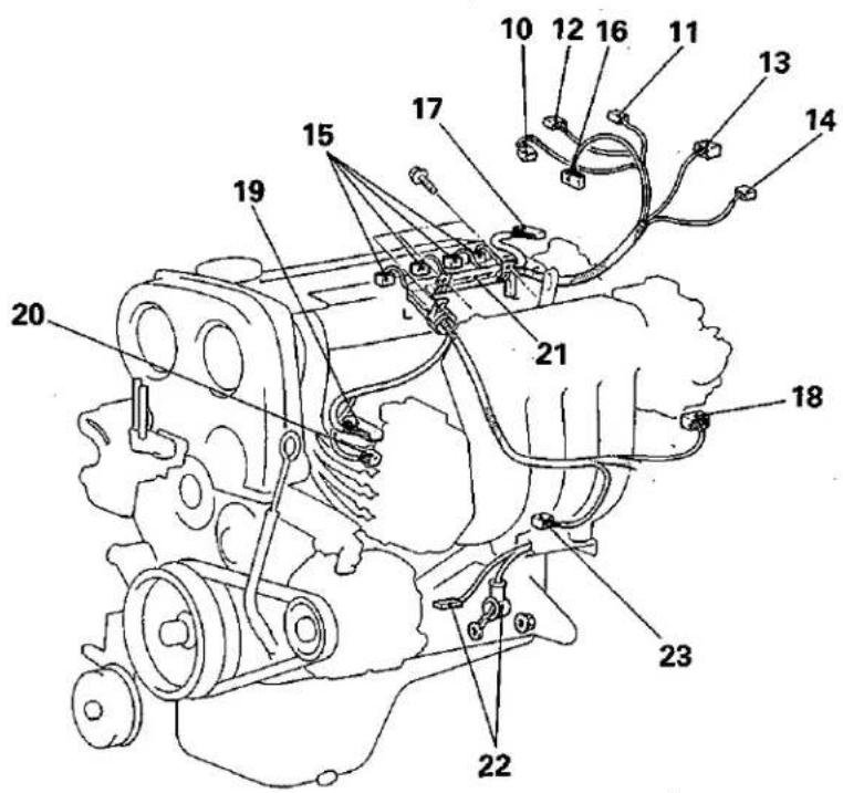 Technical diagram of an engine assembly with numbered components for identification