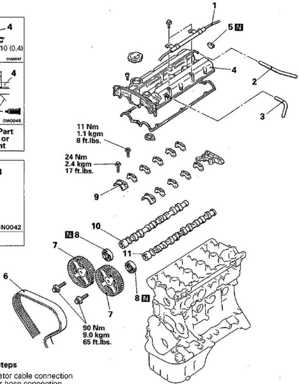 4 10 (0.4) 01A0047 4 01A0046 Part or nt N0042 6 90 Nm 9.0 kgm 65 ft.lbs. 7 8 10 11 9 24 Nm 2.4 kgm 17 ft.lbs. 11 Nm 1.1 kgm 8 ft.lbs. 3 5 N 4 2 8 N