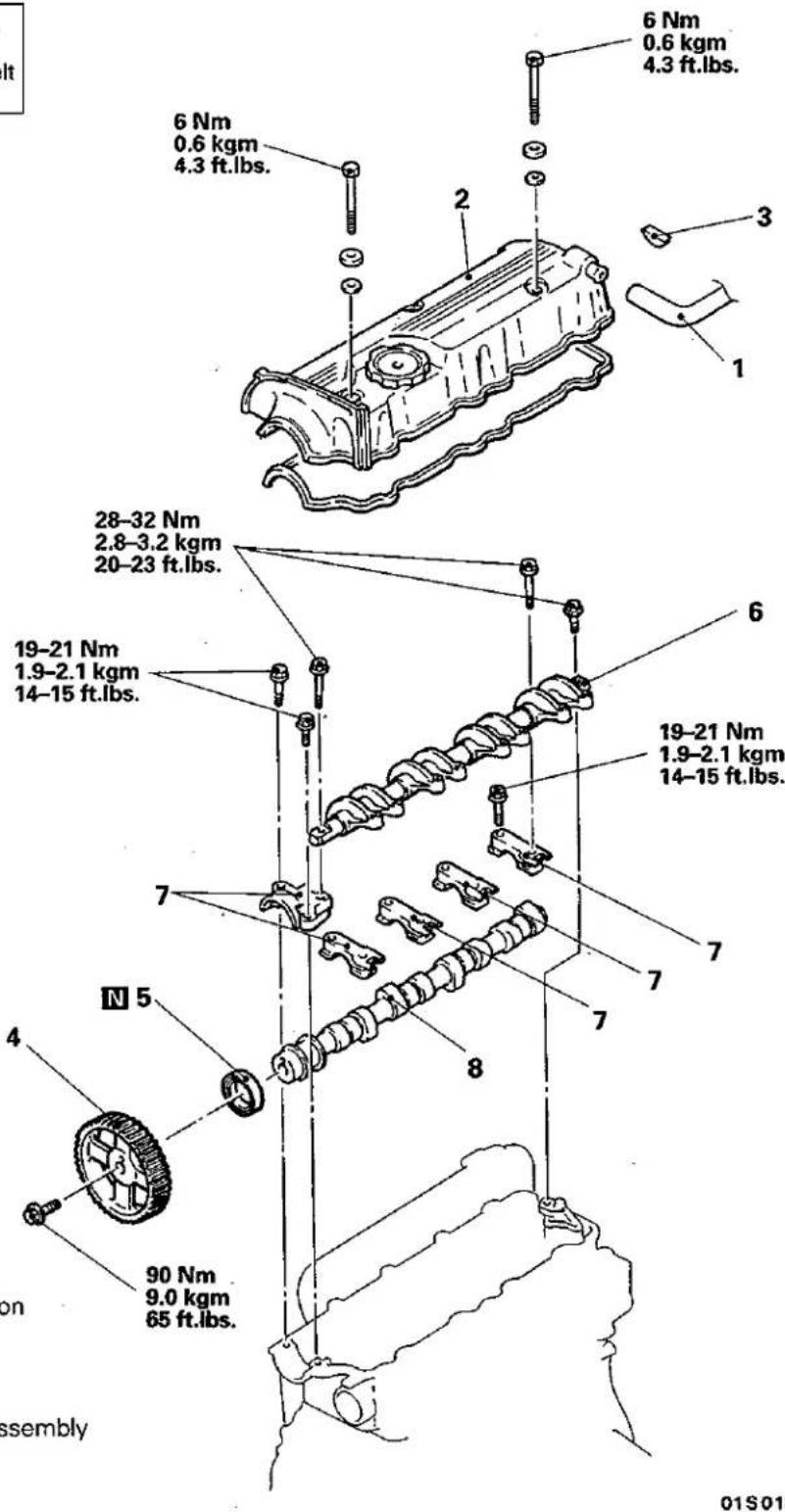 It 6 Nm 0.6 kgm 4.3 ft.lbs. 2 6 Nm 0.6 kgm 4.3 ft.lbs. 3 1 28-32 Nm 2.8-3.2 kgm 20-23 ft.lbs. 19-21 Nm 1.9-2.1 kgm 14-15 ft.lbs. 6 19-21 Nm 1.9-2.1 kgm 14-15 ft.lbs. 7 7 7 8 N 5 4 90 Nm 9.0 kgm 65 ft.lbs. on assembly 01S01