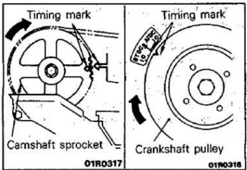 Timing mark 01R0317 Cramshaft sprocket Timing mark 01R0318 Crankshaft pulley 01R0318