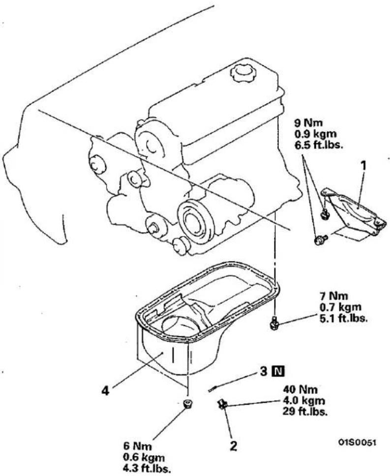 9 Nm 0.9 kgm 6.5 ft.lbs. 7 Nm 0.7 kgm 5.1 ft.lbs. 4 3 N 6 Nm 0.6 kgm 4.3 ft.lbs. 2 40 Nm 4.0 kgm 29 ft.lbs. 01S0051