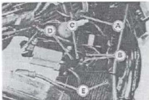 Technical diagram with labeled components A, B, C, D, and E showing mechanical or electrical connections