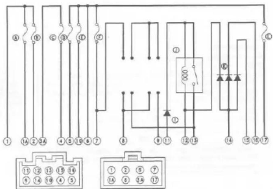 Electrical wiring diagram showing connections between numbered terminals and a circuit with diodes and a coil, plus a separate terminal block.
