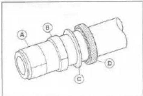 Technical diagram of a mechanical assembly with labeled parts A, B, C, and D