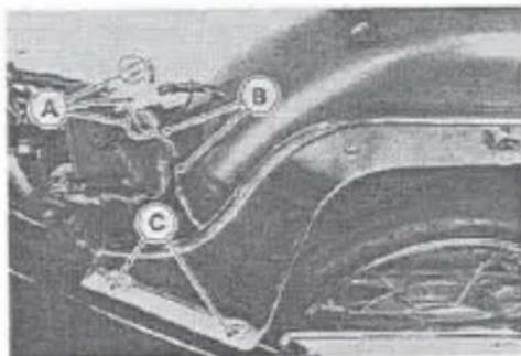 Technical diagram of a car's front panel with labeled parts A, B, and C