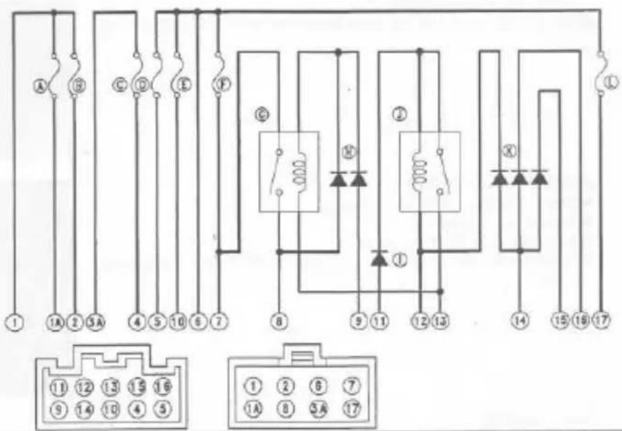 Electrical wiring diagram showing connections between numbered components and indicator lights, likely for circuit analysis or wiring design.