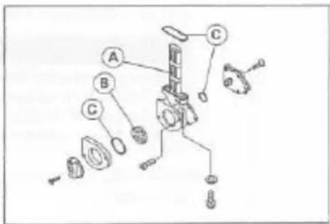 Technical diagram of a mechanical assembly with labeled parts A, B, C and a central component