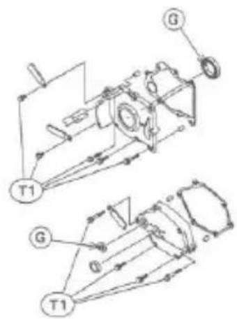 Technical diagram of a mechanical assembly with labeled components T1 and G, showing internal components and directional arrows.
