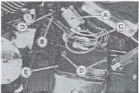 Technical diagram of a mechanical assembly with labeled components A, B, C, D, and E