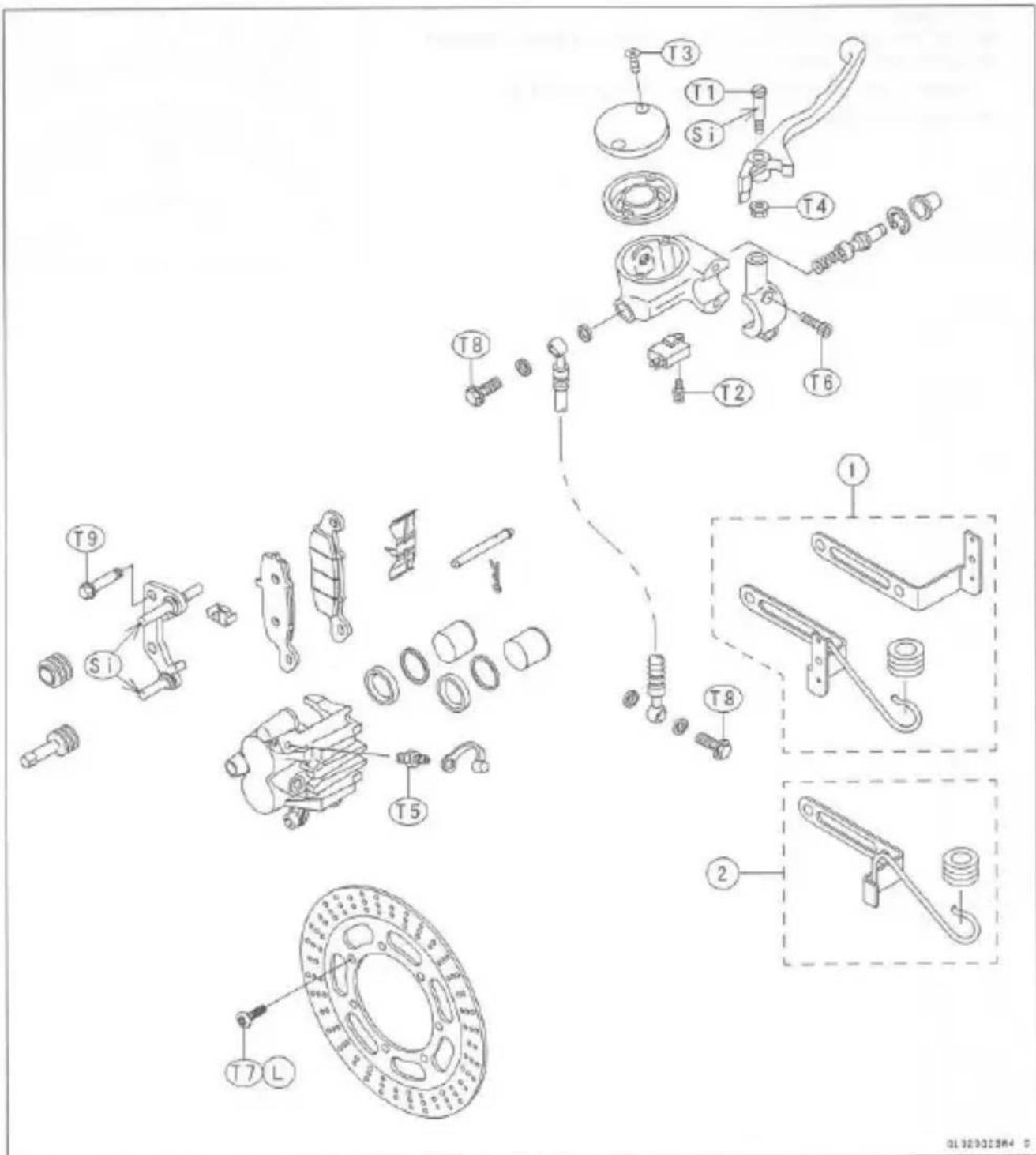 Exploded view diagram of a mechanical assembly with labeled parts including gears, springs, and levers