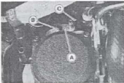 Technical diagram of a mechanical assembly with labeled components A, B, and C