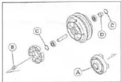 Technical diagram of a mechanical assembly with labeled components A, B, C, D and directional arrows indicating motion or assembly.