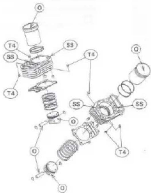 Exploded view diagram of a mechanical assembly with labeled components such as T4, SS, and cylindrical bodies
