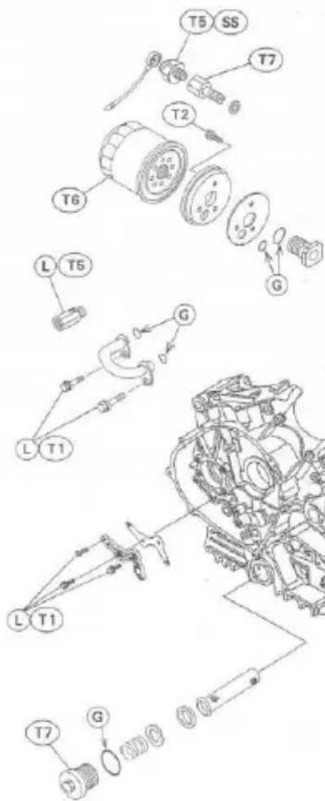 Technical diagram of mechanical assembly with labeled components such as T1, T2, T5, SS, and G