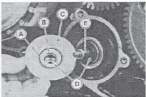 Technical diagram of a mechanical gear assembly with labeled components A through E