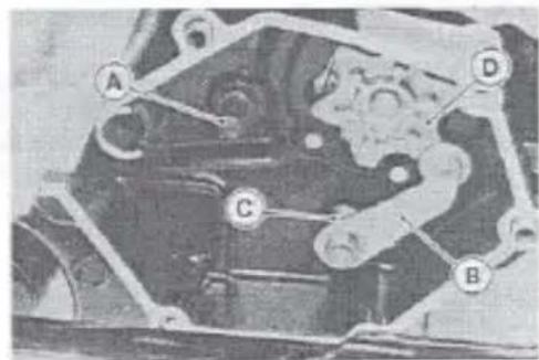 Technical diagram of a mechanical assembly with labeled parts A, B, C, and D