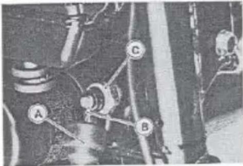 Technical diagram of a mechanical assembly with labeled components A, B, and C