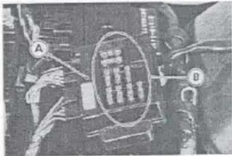 Black-and-white photo of a mechanical or electrical component with labeled parts A and B, showing internal components and wiring.