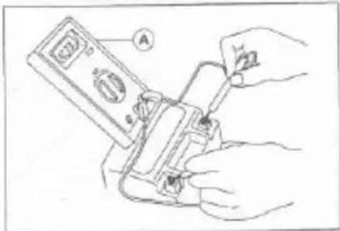 Diagram showing hands using a handheld device to adjust or install a device, with labeled component A pointing to the device.