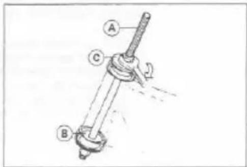 Technical diagram of a mechanical device with labeled parts A, B, and C, showing a lever mechanism.