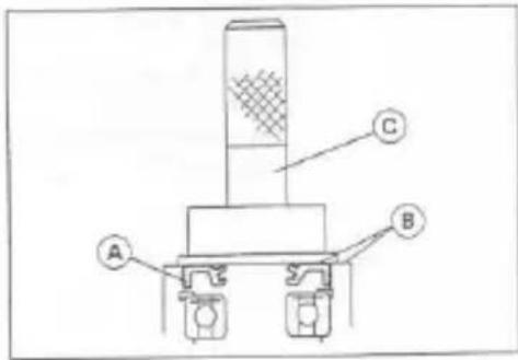 Technical diagram of a mechanical assembly with labeled components A, B, and C